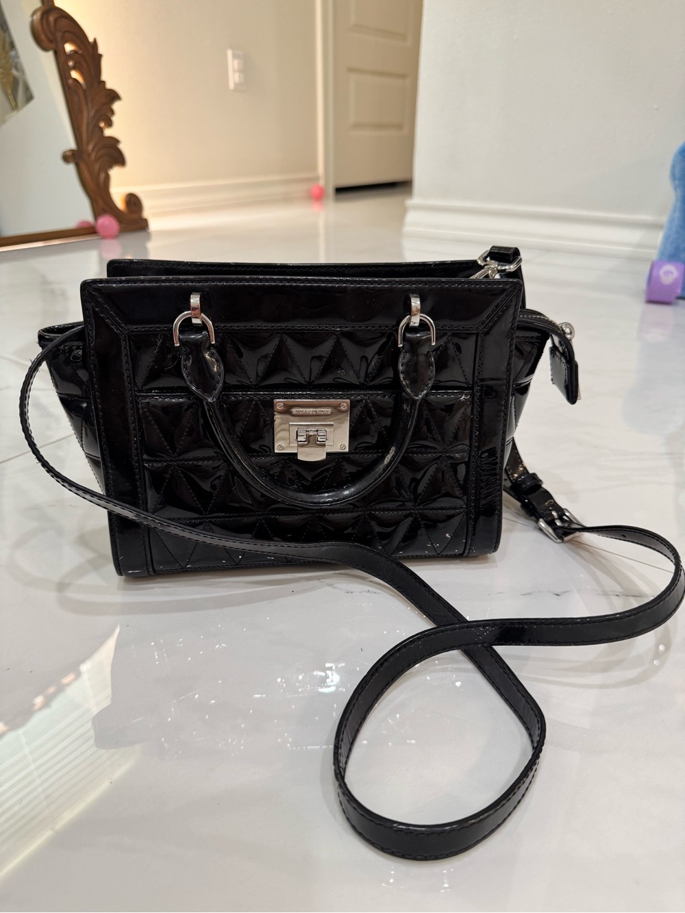 Michael Kors Black Patent Quilted Crossbody Satchel